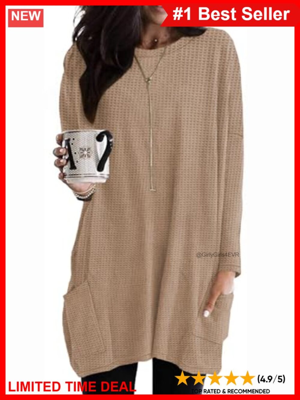 Waffle Knit Long Sleeve Tunic Top with Pockets Casual Shirt